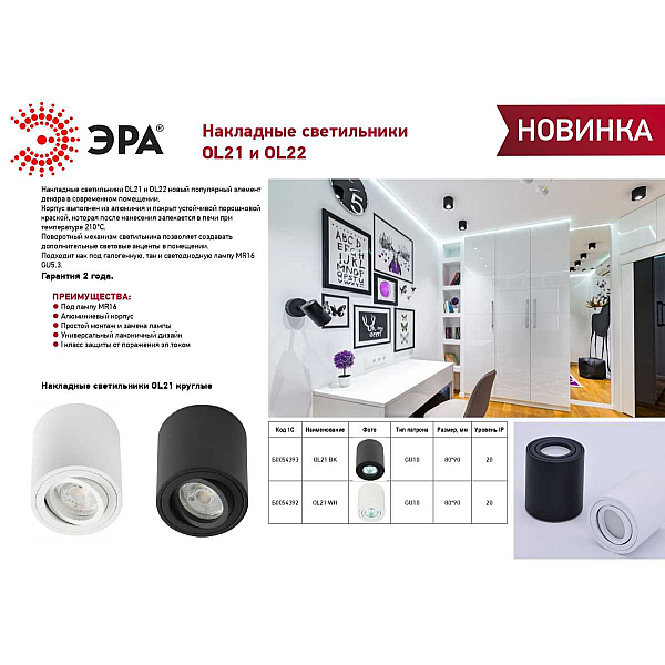 Накладной светильник ЭРА OL22 WH Б0054394