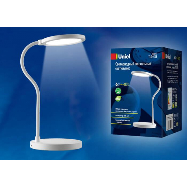 Настольная лампа Uniel TLD-553 White/LED/400Lm/4500K/Dimmer/USB UL-00003338 Настольная лампа Uniel TLD-553 White/LED/400Lm/4500K/Dimmer/USB UL-00003338