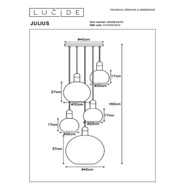 Подвесная люстра Lucide Julius 34438/05/61 Подвесная люстра Lucide Julius 34438/05/61
