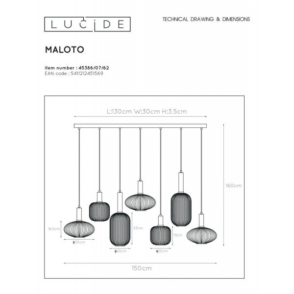 Подвесная люстра Lucide Maloto 45386/07/62 Подвесная люстра Lucide Maloto 45386/07/62