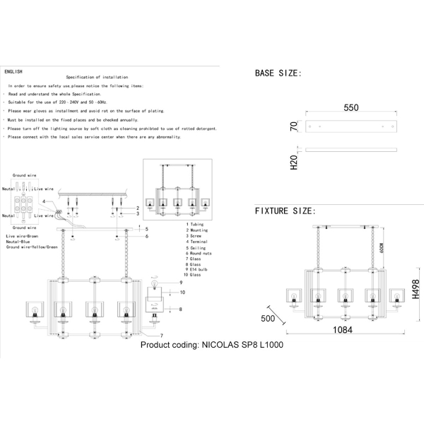 Подвесная люстра Crystal Lux Nicolas SP8 L1000 Nickel/White