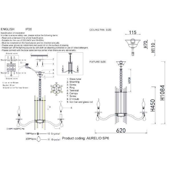 Подвесная люстра Crystal Lux AURELIO SP6 GOLD+CHROME/TRANSPARENT