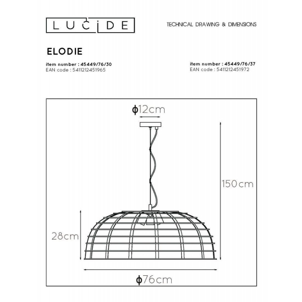 Подвесная люстра Lucide Elodie 45449/76/37 Подвесная люстра Lucide Elodie 45449/76/37