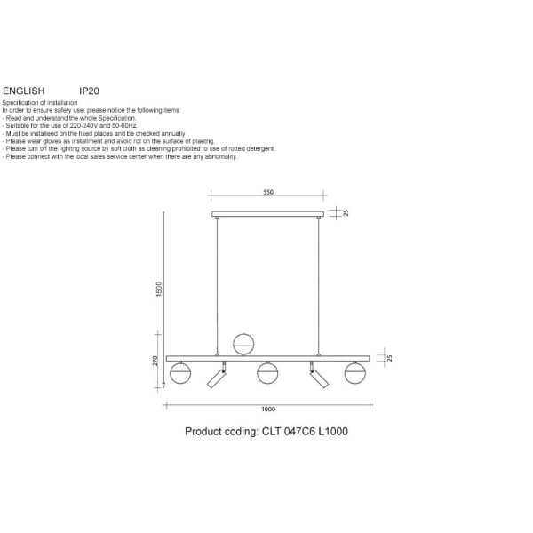 Подвесная люстра Crystal Lux CLT 047C6 L1000 BL-GO