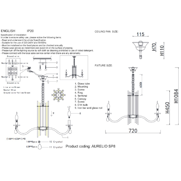 Подвесная люстра Crystal Lux AURELIO SP8 GOLD+CHROME/TRANSPARENT