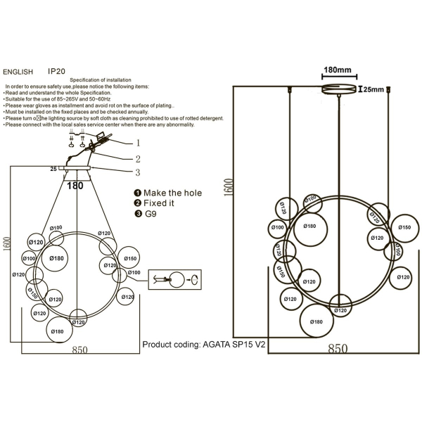 Подвесная люстра Crystal Lux Agata SP15 V2 Chrome/Transparente