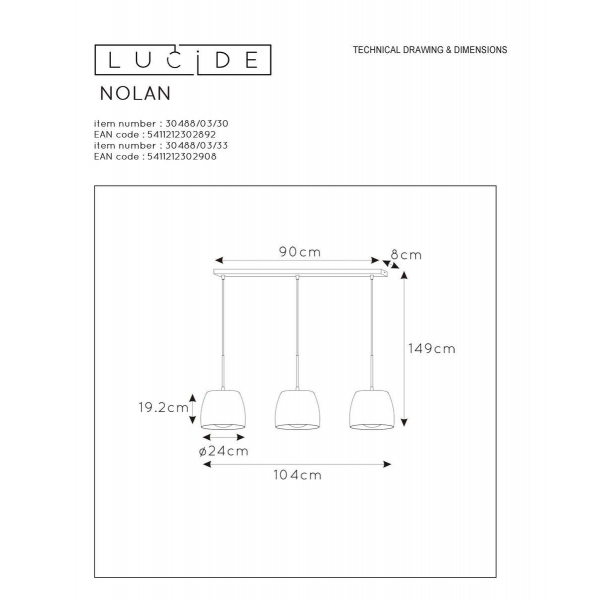 Подвесной светильник Lucide Nolan 30488/03/30 Подвесной светильник Lucide Nolan 30488/03/30