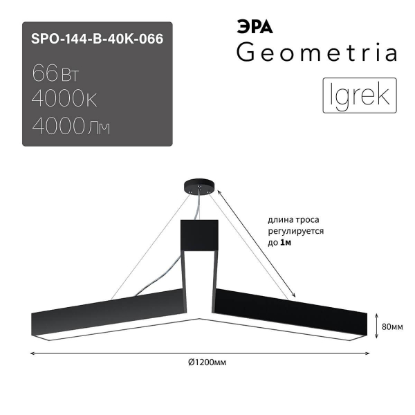 Подвесной светодиодный cветильник Geometria ЭРА Igrek SPO-144-B-40K-066 66Вт 4000К черный Б0050573 Подвесной светодиодный cветильник Geometria ЭРА Igrek SPO-144-B-40K-066 66Вт 4000К черный Б0050573