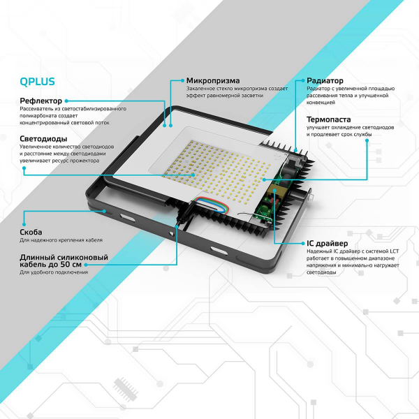 Прожектор светодиодный Gauss Qplus 50W 3000К 613511150 Прожектор светодиодный Gauss Qplus 50W 3000К 613511150