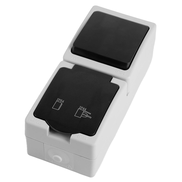 Блок вертикальный: розетка 1-местная с/з+  выключатель 1-клавишный STEKKER, PST16-11-54/10-111-54, серый/графит 49725