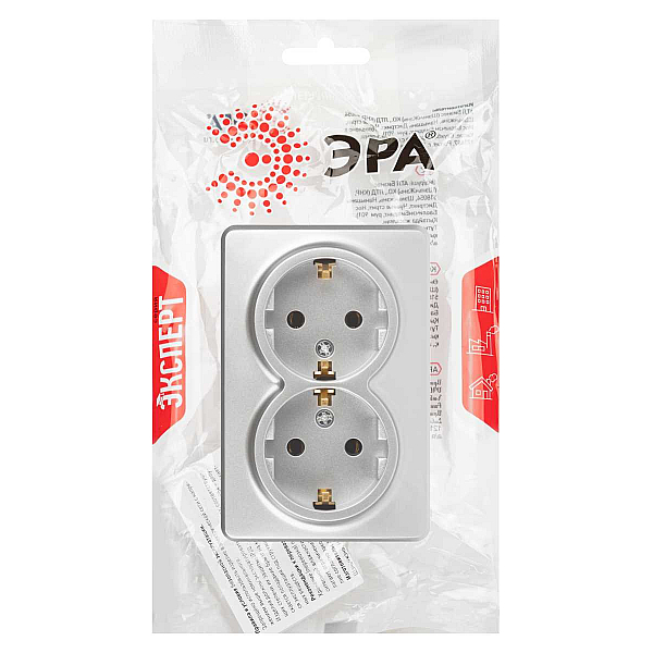 Розетка ЭРА Эксперт 11-2205-03 двойная с заземлением 2х2P+E Schuko IP20 16A-250В ОУ алюминий Б0063046