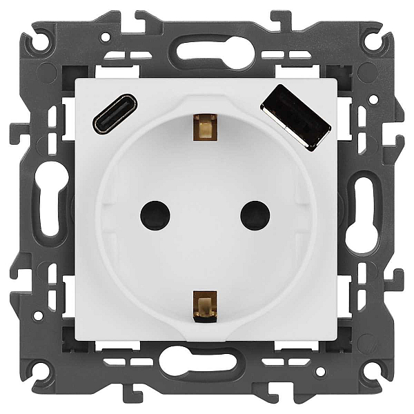Розетка ЭРА Elegance 14-4108-01М 2P+E 16A-250В со шторками с USB type-A+C 5В-3А белый матовый Б0067710