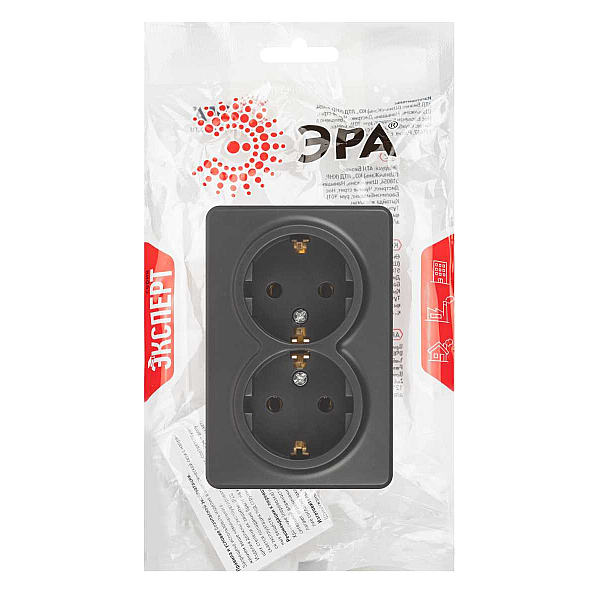 Розетка ЭРА Эксперт 11-2205-05 двойная с заземлением 2х2P+E Schuko IP20 16A-250В ОУ антрацит Б0063047