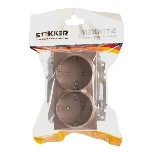 Розетка двойная 2P+PE Stekker Катрин со шторками шампань GLS16-7114-02 39598