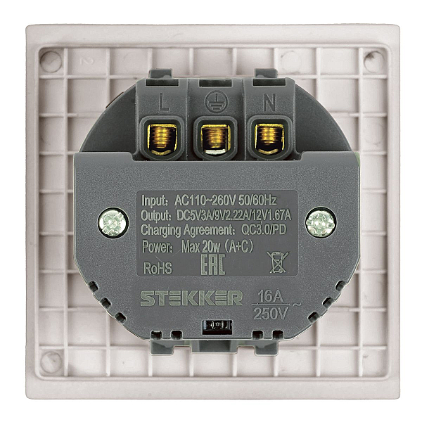 Розетка 1-местная з/ш с/з 16А + USB + Type C (механизм) Stekker 250В 20W Мия RST16-3119-08 пудровый жемчуг 50482