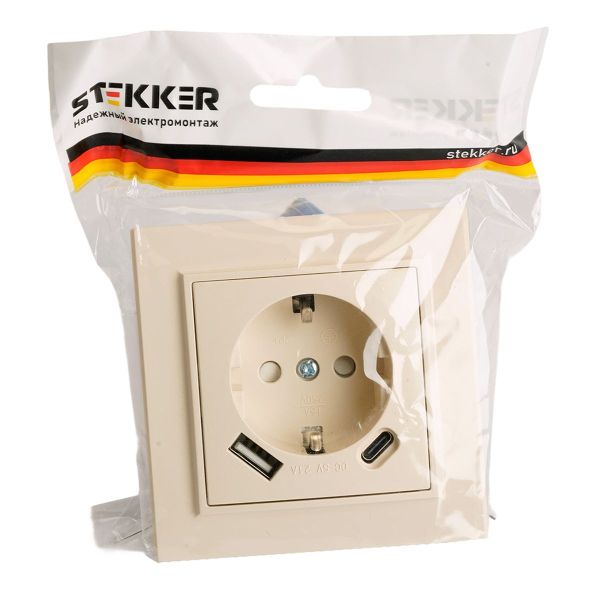 Розетка 1-местная с/з Stekker, PST16-9016-02, 250В, 16А с USB+ type C Эрна, слоновая кость 50077