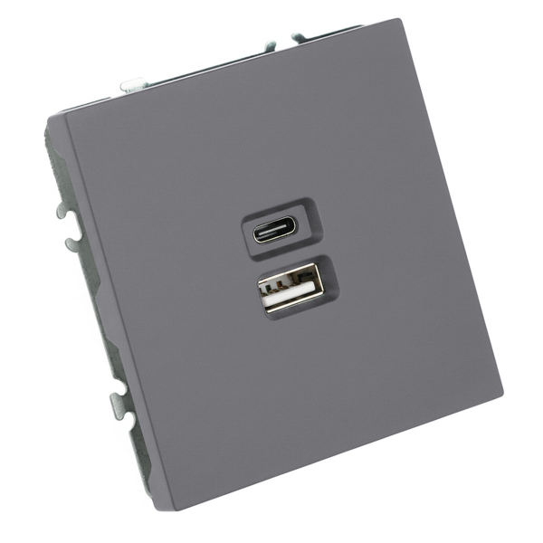 Розетка 2-местная USB + Type C (механизм), STEKKER, 250В, 20W, серия Эмили, RST10-5115-10, платиново-серый, soft touch 49957