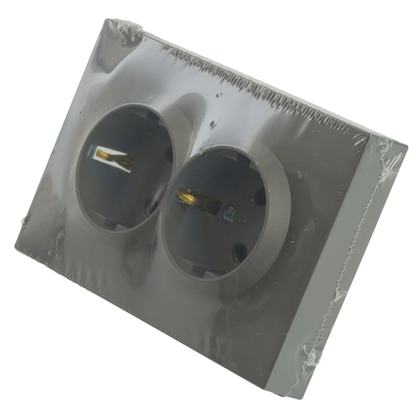 Розетка 2-местная с защитной шторкой, STEKKER, с/з, 250В, 16А, серия Эмили, RST16-5114-10, платиново-серый, soft touch 49960