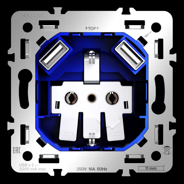Механизм розетки с заземлением и защитными шторками 16А с USB A+A S70 Voltum VLS0404M