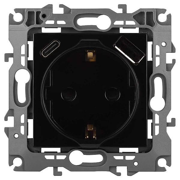Розетка ЭРА Серия 12 12-4108-06 2P+E 16A-250В со шторками с USB type-A+C 5В-3А чёрный Б0067746
