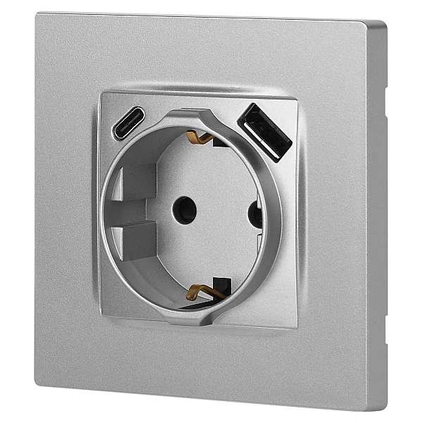 Розетка ЭРА Серия 12 12-4108-03 2P+E 16A-250В со шторками с USB type-A+C 5В-3А алюминий Б0067716
