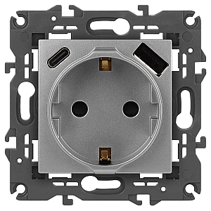 Розетка ЭРА Elegance 14-4108-03 2P+E 16A-250В со шторками с USB type-A+C 5В-3А алюминий Б0067741