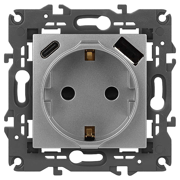 Розетка ЭРА Elegance 14-4108-03 2P+E 16A-250В со шторками с USB type-A+C 5В-3А алюминий Б0067741