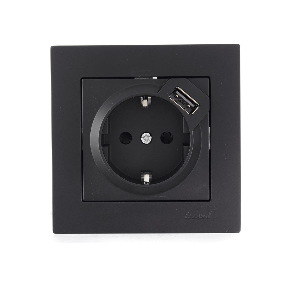Розетка с зазем. + USB-разъём Lezard Vesna черная 742-4288-181 Розетка с зазем. + USB-разъём Lezard Vesna черная 742-4288-181