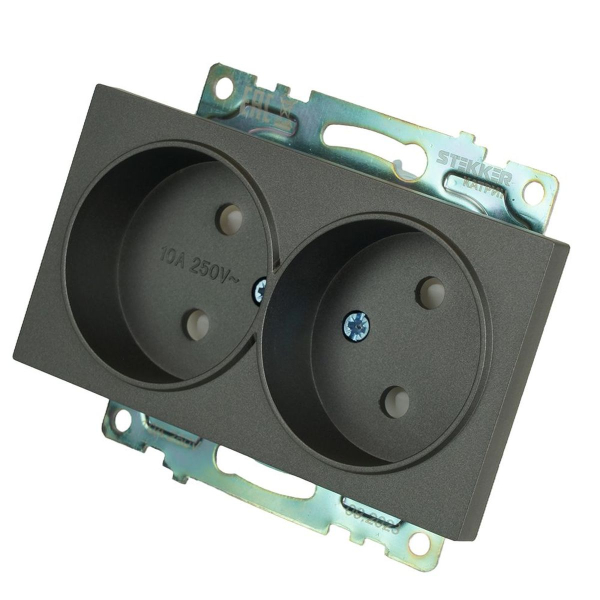Розетка двойная 2P Stekker Катрин со шторками графит GLS10-7113-06 49421