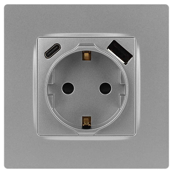 Розетка ЭРА Серия 12 12-4108-03 2P+E 16A-250В со шторками с USB type-A+C 5В-3А алюминий Б0067716
