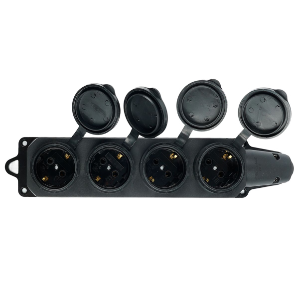 Розетка переносная 4-местная c/з, Stekker, RST16-24-44, 250В, 16А, IP44, черный 39019