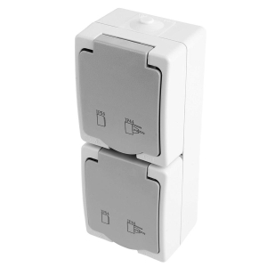 Розетка 2-местная с крышкой с/з STEKKER PST16-22-54V, пластик АВS, 250В, 16А, IP54,  белый/серый 49737