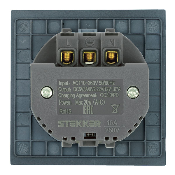 Розетка 1-местная з/ш с/з 16А + USB + Type C (механизм), Stekker, 250В, 20W Мия, RST16-3119-05, черный бархат 50452