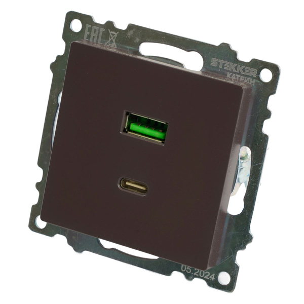 Розетка 2-местная USB + type C, STEKKER GLS10-7116-04, 250В, 3А, max 20W,серия Катрин, шоколад 50057