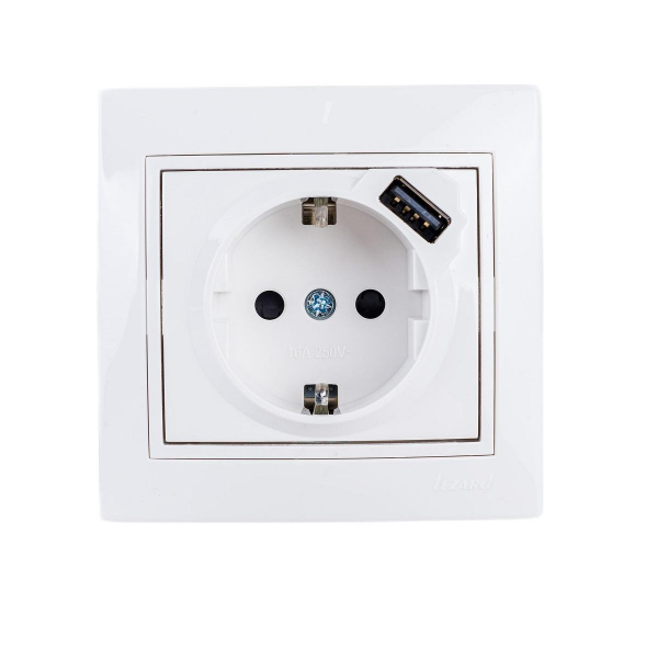 Розетка с зазем. + USB-разъём Lezard Mira белая 701-0202-181 Розетка с зазем. + USB-разъём Lezard Mira белая 701-0202-181