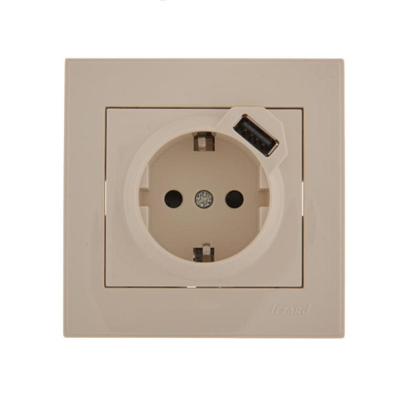 Розетка с зазем. + USB-разъём Lezard Rain кремовая 703-0303-181 Розетка с зазем. + USB-разъём Lezard Rain кремовая 703-0303-181