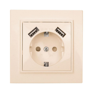 Минск Розетка 1-местная СП с/з 16А бежевая с защ. штор. с 2 USB 2,1А EKF ERR16-028-200-2USB