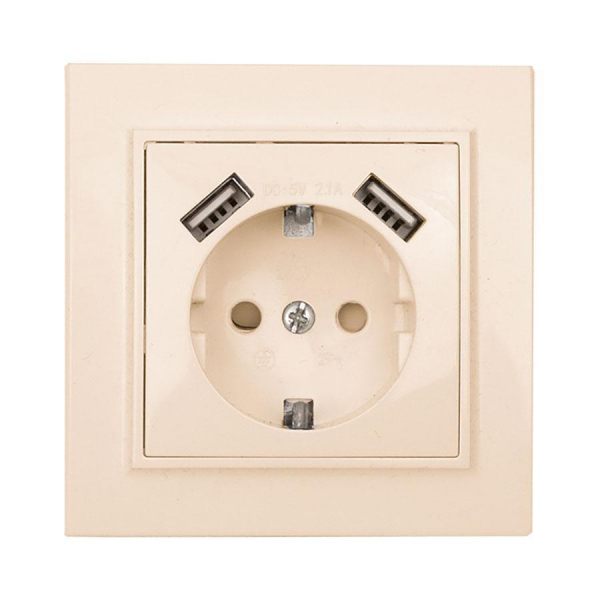 Минск Розетка 1-местная СП с/з 16А бежевая с защ. штор. с 2 USB 2,1А EKF ERR16-028-200-2USB