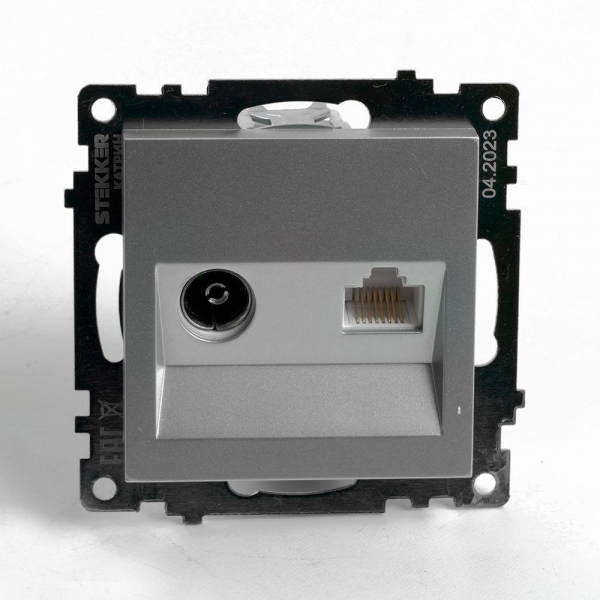 Розетка телевизионная TV + компьютерная RJ-45 Stekker Катрин серебро GLS00-7106-03 49183 Розетка телевизионная TV + компьютерная RJ-45 Stekker Катрин серебро GLS00-7106-03 49183