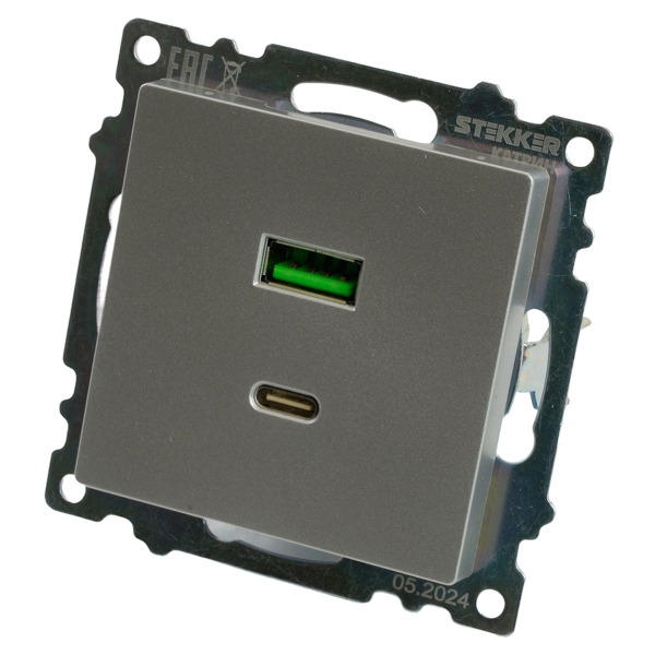 Розетка 2-местная USB + type C (механизм)), STEKKER GLS10-7116-03 , 250B, 3А, max 20W, серия Катрин, серебро 50054