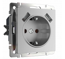 Розетка Werkel с заземлением, шторками и USBх2 серебряная W1171506 4690389156458