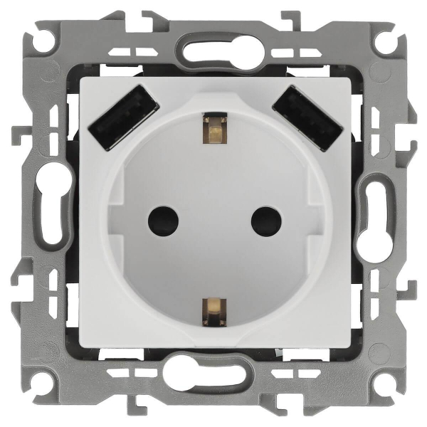 Розетка ЭРА Intro Solo Schuko P+E 16A 250V со шторками 2хUSB белый 12-4109-01 Б0047840 Розетка ЭРА Intro Solo Schuko P+E 16A 250V со шторками 2хUSB белый 12-4109-01 Б0047840