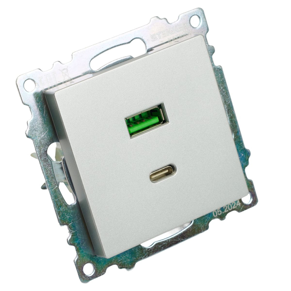 Розетка 2-местная USB + type C (механизм)), STEKKER GLS10-7116-03 , 250B, 3А, max 20W, серия Катрин, серебро 50054