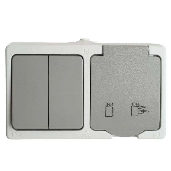 Блок: розетка 1-местная с/з + выключатель 2-клавишный STEKKER, PST16-21-54/10-221-54, белый/серый 49729