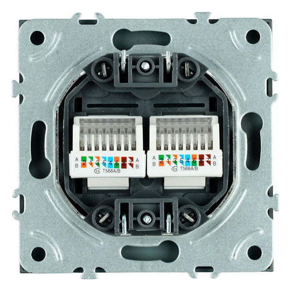 Розетка компьютерная 2-местная RJ-45 (механизм), STEKKER, серия Эмили, RST00-5111-05, черный уголь, soft touch 49848