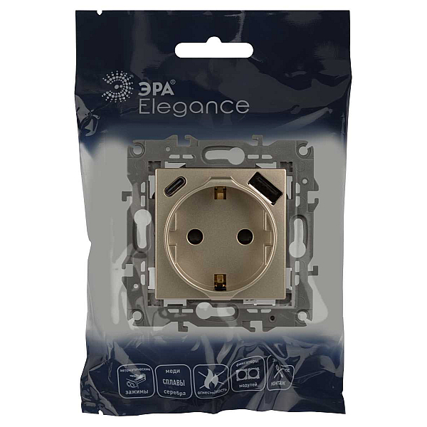 Розетка ЭРА Elegance 14-4108-04 2P+E 16A-250В со шторками с USB type-A+C 5В-3А шампань Б0067740