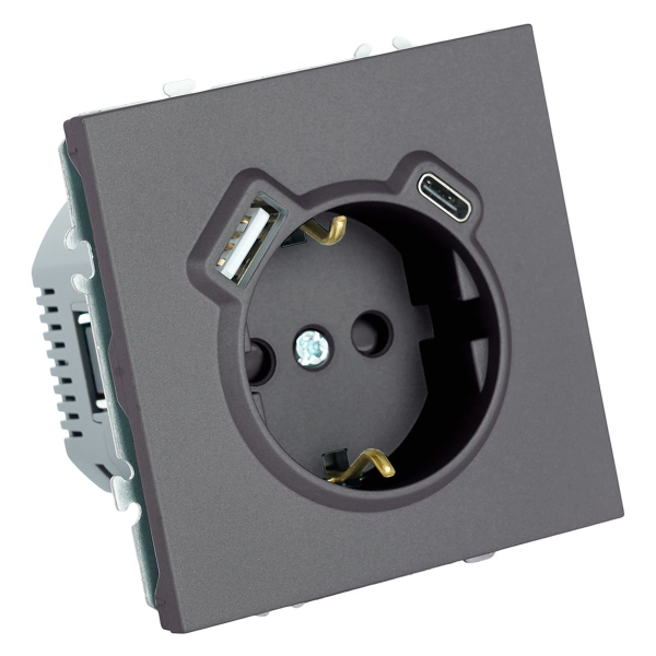 Розетка 1-местная з/ш с/з 16А + USB + Type C (механизм), Stekker, 250В, 20W Эмили, платиново-серый, soft-touch, RST16-5119-10 50219