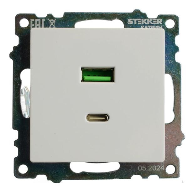 Розетка USB 2-местная + type C (механизм), STEKKER GLS10-7116-01, 250В, 3А, max 20W, серия Катрин, белый 50051