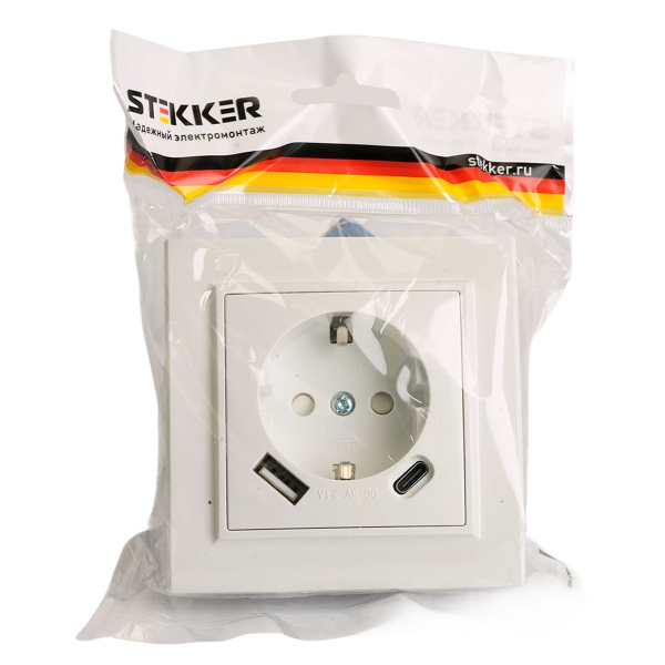 Розетка 1-местная Stekker, PST16-9016-01, 250В, 2.1А с USB+ type C Эрна, белый 50076
