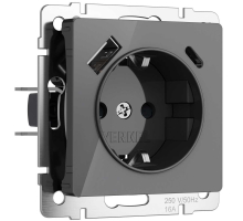 Розетка с заземлением, шторками и USB тип A+C Werkel графит акрил W1171744 4690389197536